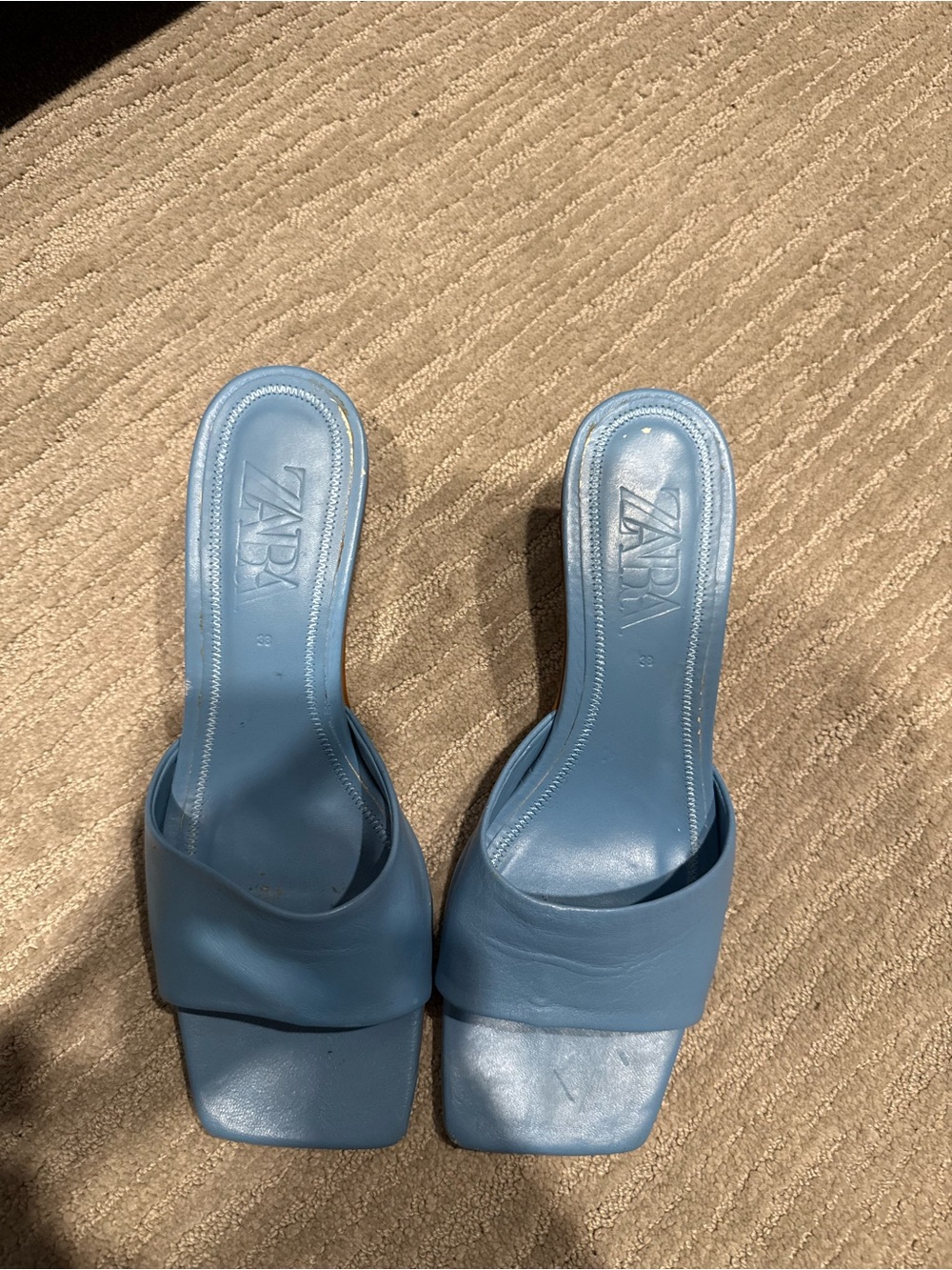 Zara Light Blue Slip-On Square Toe Block Heel Mules